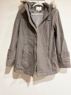 a new day Taupe Hooded Wool-Blend Pea Coat with Faux-Fur Trim